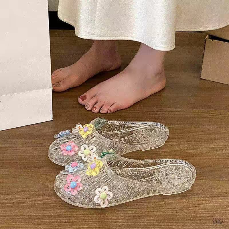 Korean New Style Jelly Shoes Crystal Slippers Women's Summer Korean Fashion Cute Flower Versatile Flat Sandals