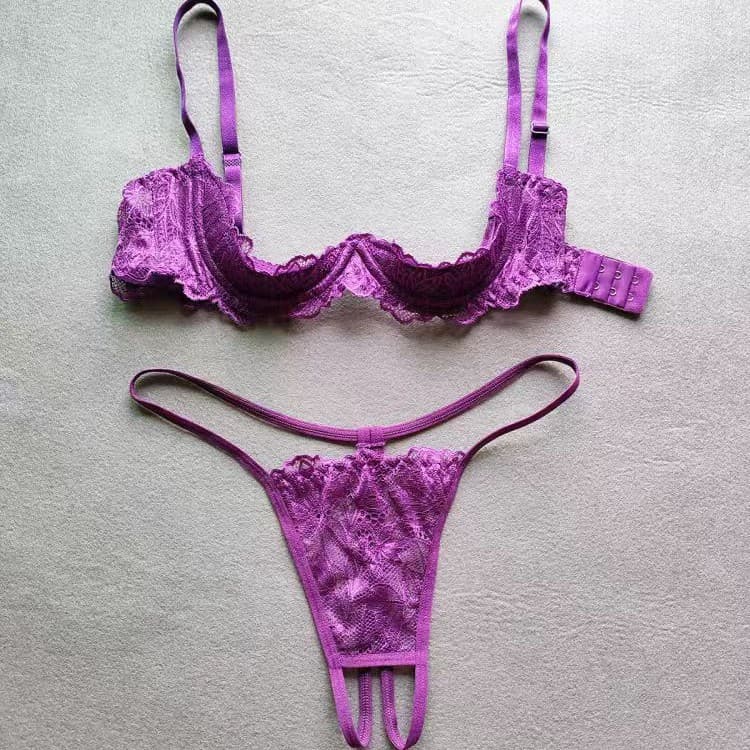 Lingerie Advanced Half-Push Up Sponge Purple Lace Exposed Breast Bra Sexy Temptation Open Crotch Panty Push Up