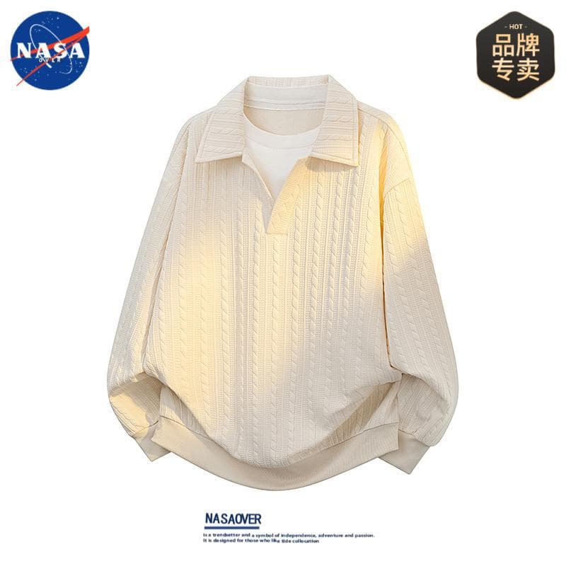 NASA Brand Design Sense Faux Two-Layer Polo Shirt for Men, Spring and Autumn Casual Versatile High-End Turn-Down Collar Long-Sleeve Sweatshirt