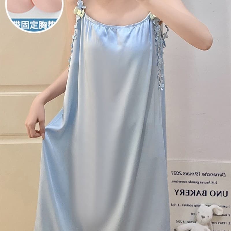 Women's Summer Sexy Ice Silk Camisole Nightgown with Padded Bra, Thin Sweet Pure Desire Style Ladies' Homewear