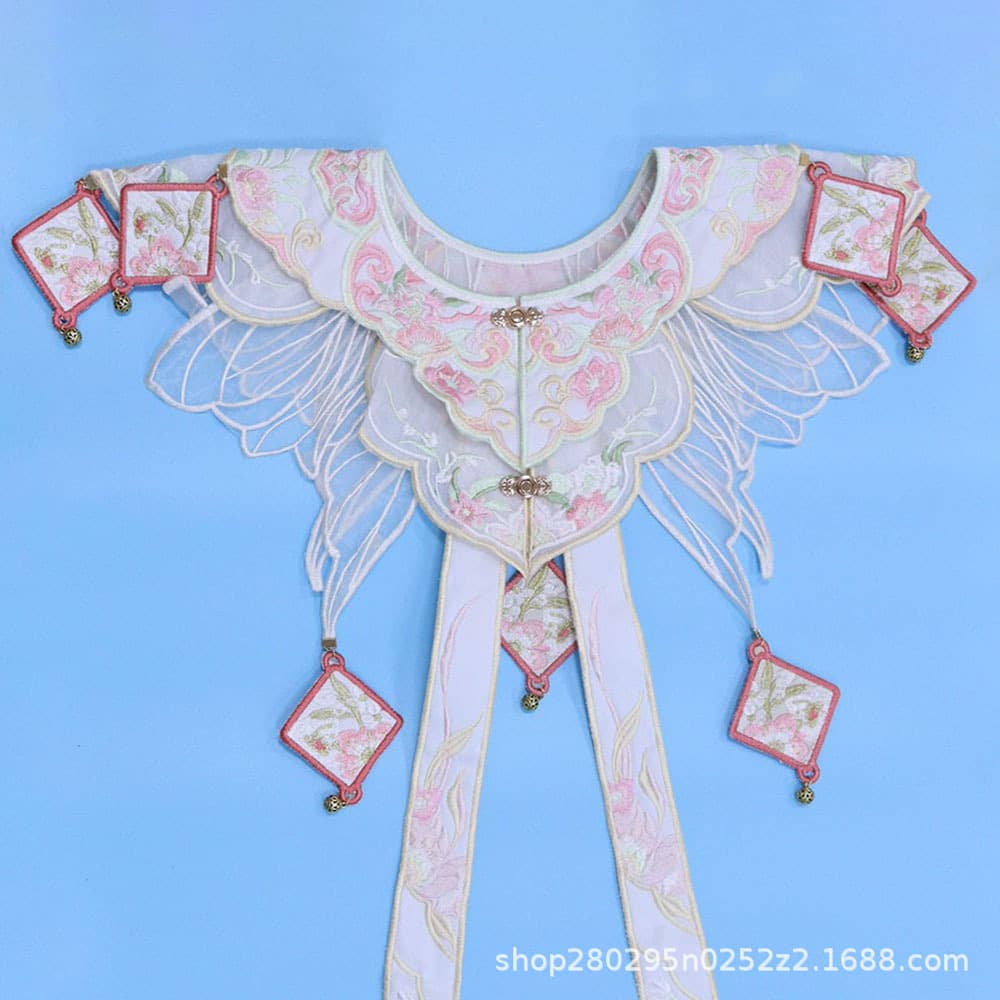 Fresh Spring-inspired Embroidered Cloud Collar with Ribbons, Hanfu Shawl, Ethereal Ancient-style Embroidered Detachable Collar Accessory