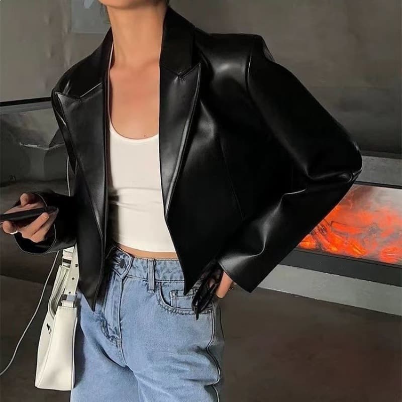 Black Short PU Leather Jacket for Women 2025 Spring Autumn New Loose Fit High-End Style Motorcycle Coat