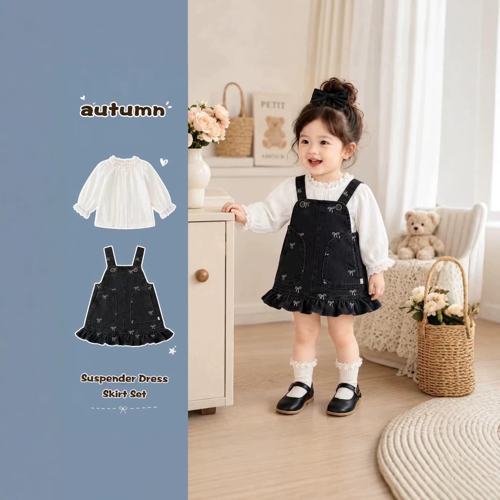 Girls suspender skirt suit spring and autumn 2026 new baby style bow printed denim suspender skirt autumn