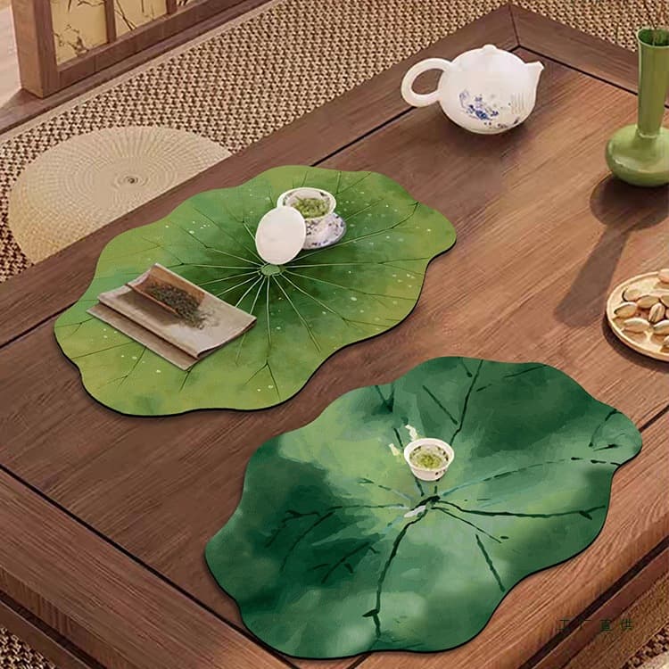 Zen-Inspired Lotus Leaf Tea Table Mat, Fast-Absorbing and Quick-Drying Diatomite Desktop Protector, Large Size Coffee Table Top Pad