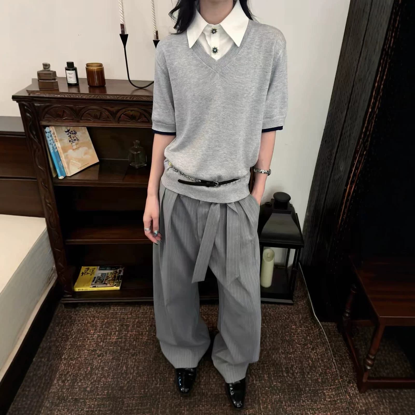 Kendo Stripe Suit Pants TR Blend Crisp Baggy Curved Knife Draped Three-Dimensional Subtle Pattern Casual Suit Pants Spring Summer