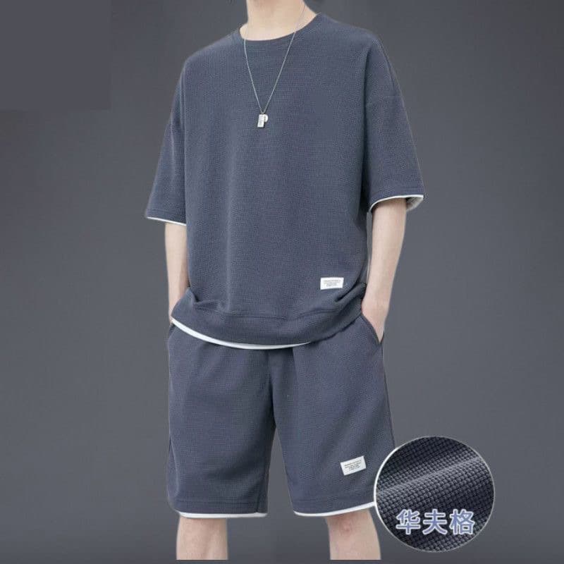 Waffle Short Set for Men - Summer Ice Silk Short Sleeve Outfit, Stylish Streetwear Casual Sportswear