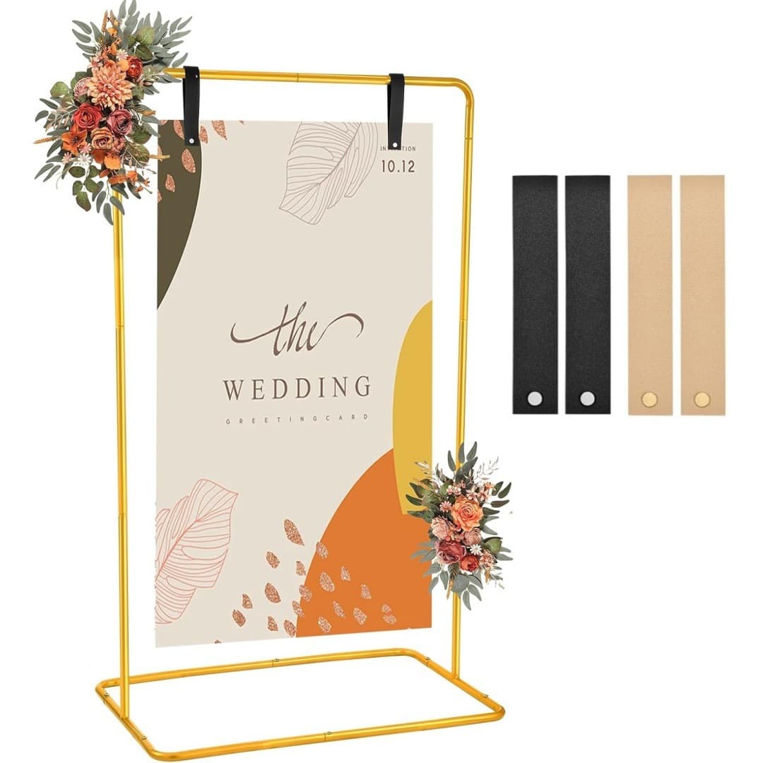 Gold Wedding Sign Stand with Leather Strap, Welcome Sign for Indoor Outdoor Events Birthday Party Wedding Welcome Sign