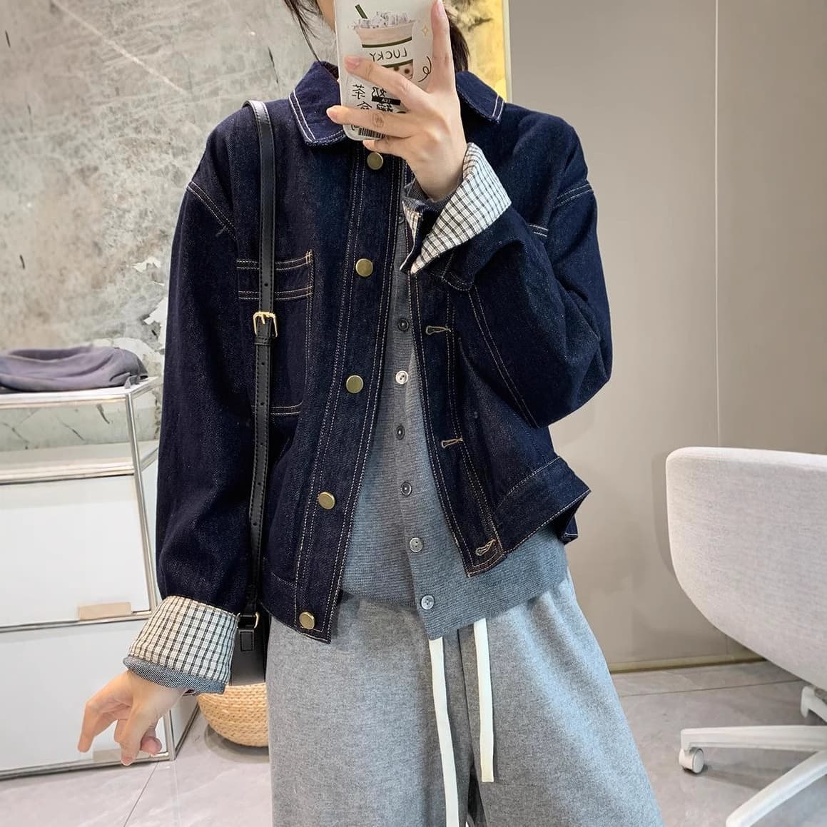 Korean-style Checkered Roll-up Sleeve Short Top Women's Autumn New Retro Versatile Jacket Stylish Denim Coat