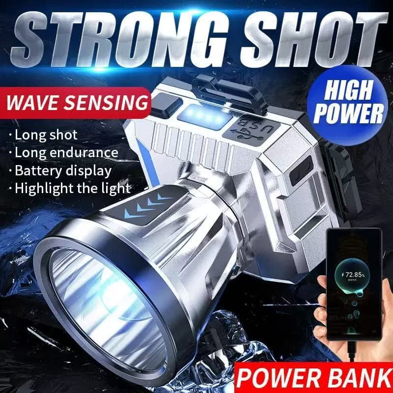 New LED Sensor Headlamp, High Brightness Long-Range Wave Sensor Wide-Beam Headlamp, Rechargeable Head-Mounted Long Battery Life Searchlight for Night Fishing