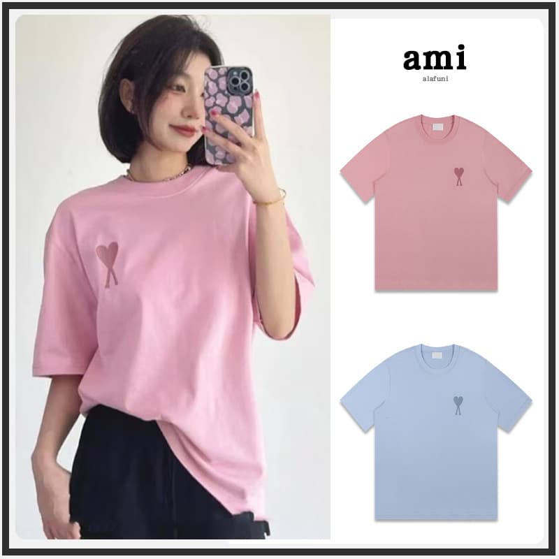 Ami Short-Sleeve Macaron Color Small Heart Embroidery Celebrity Style Unisex Pure Cotton Loose Summer Fashion T-Shirt