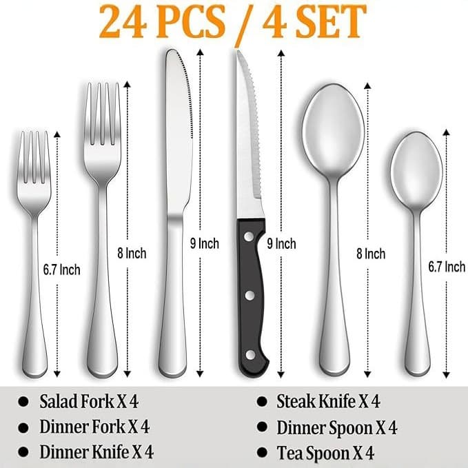 Cross-border Amazon 1010 Stainless Steel 24-Piece Cutlery Set - Hotel/Restaurant Steak Knives, Forks & Spoons