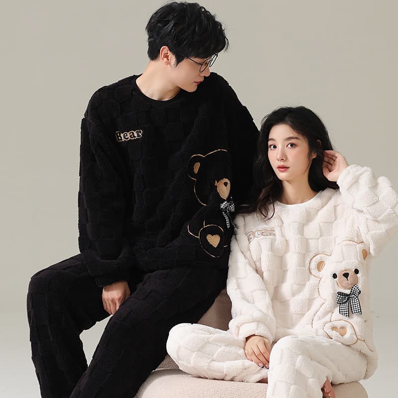 Autumn Winter Flannel Thickened Fleece Round Neck Pullover Couple Pajama Set Wearable Outdoors Warm Home Clothes