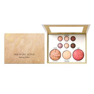 Gold-Toned All-in-One Makeup Palette: Eyeshadow, Contour, Blush, Highlighter, and Under-Eye Brightener, Multi-Use Cosmetic Palette