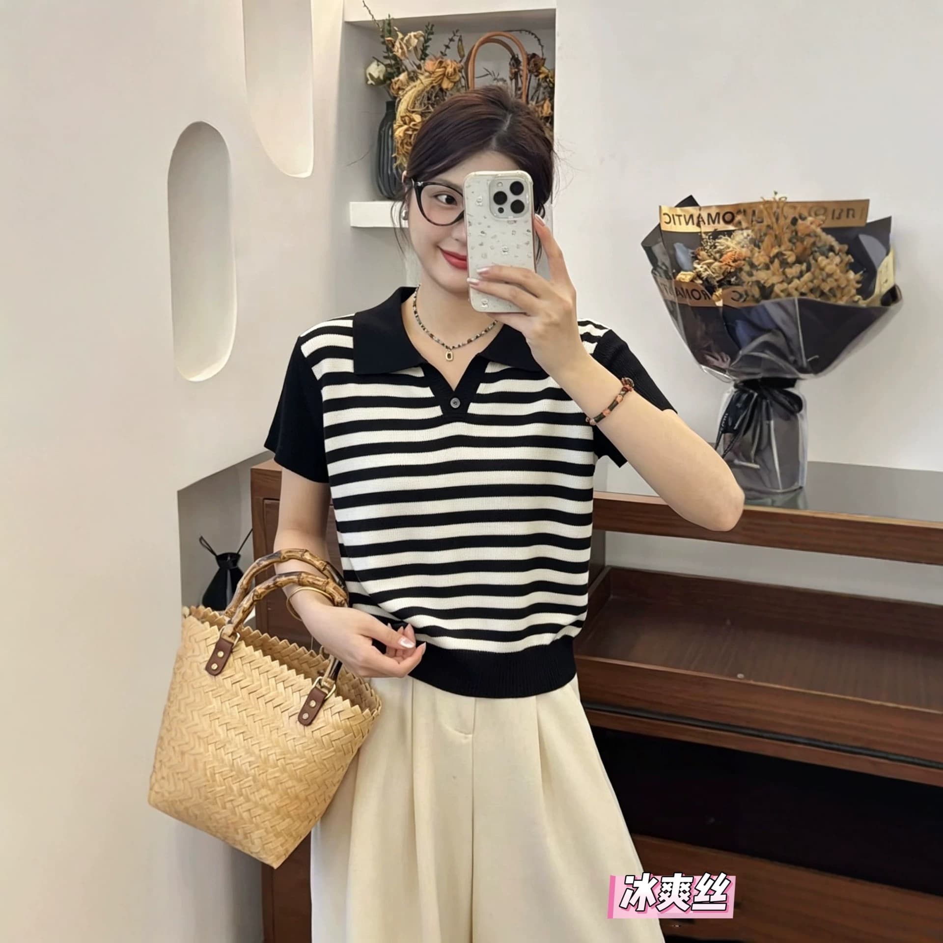 Korean style simple gentle style knitted sweater short-sleeved summer new slimming high-end temperament top for women