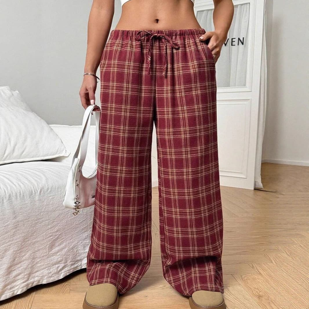 Cross-Border Foreign Trade Amazon Europe and America 2025 New Women's Casual Pants Versatile Loose Drawstring Plaid Pocket Long Pants