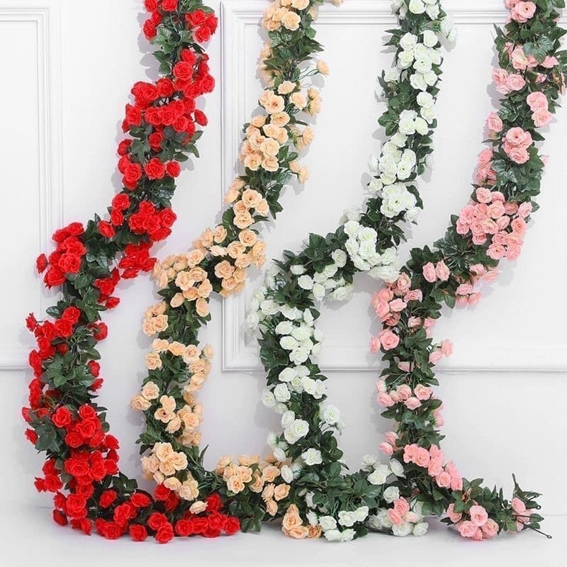 Indoor Living Room Decorative Rose Vine Artificial Flower Wall Hanging Silk Plant Air Conditioner Pipe Covering Home Decor