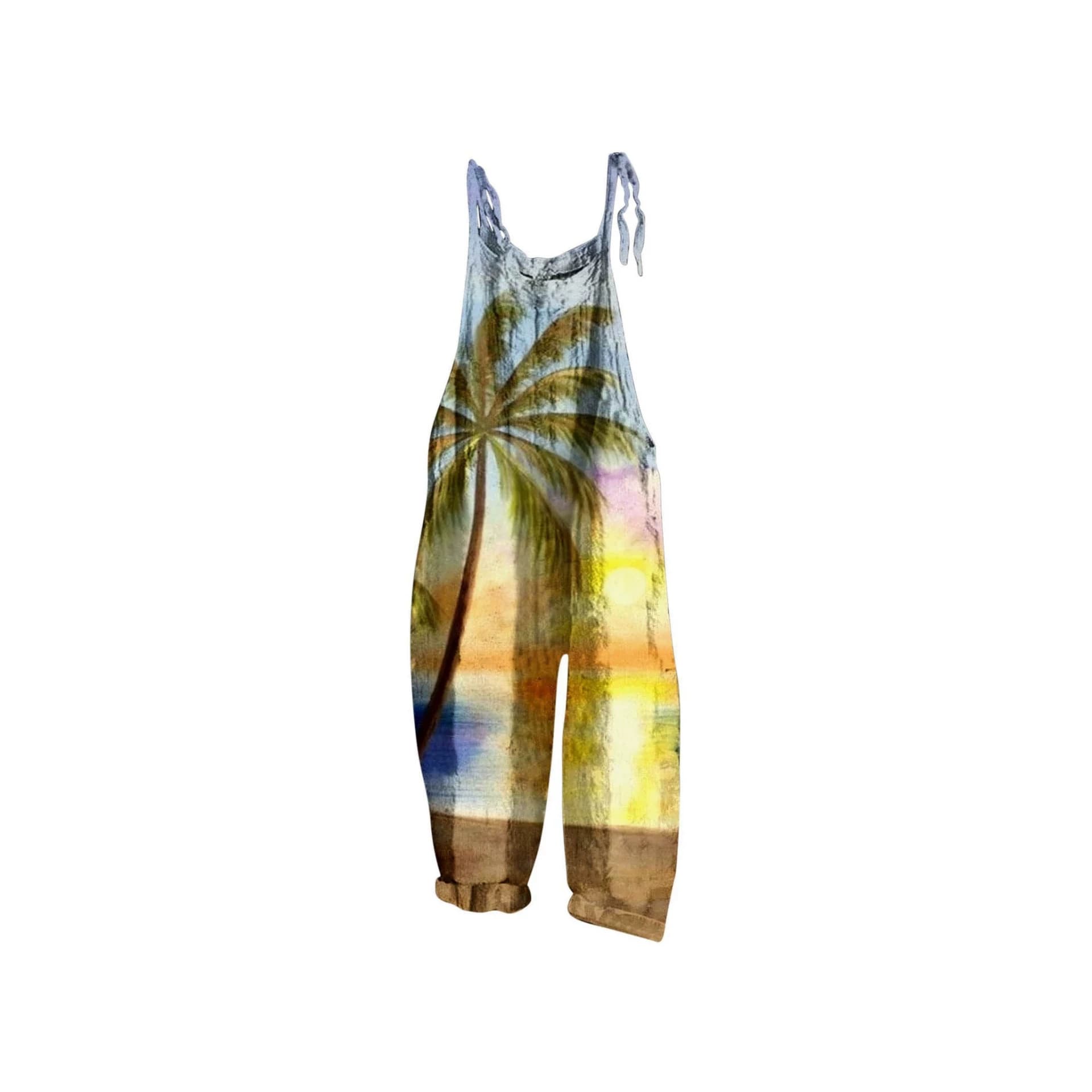 Bohemian Style 3D Printed Suspender Jumpsuit with Loose Flared Legs for Seaside Vacation