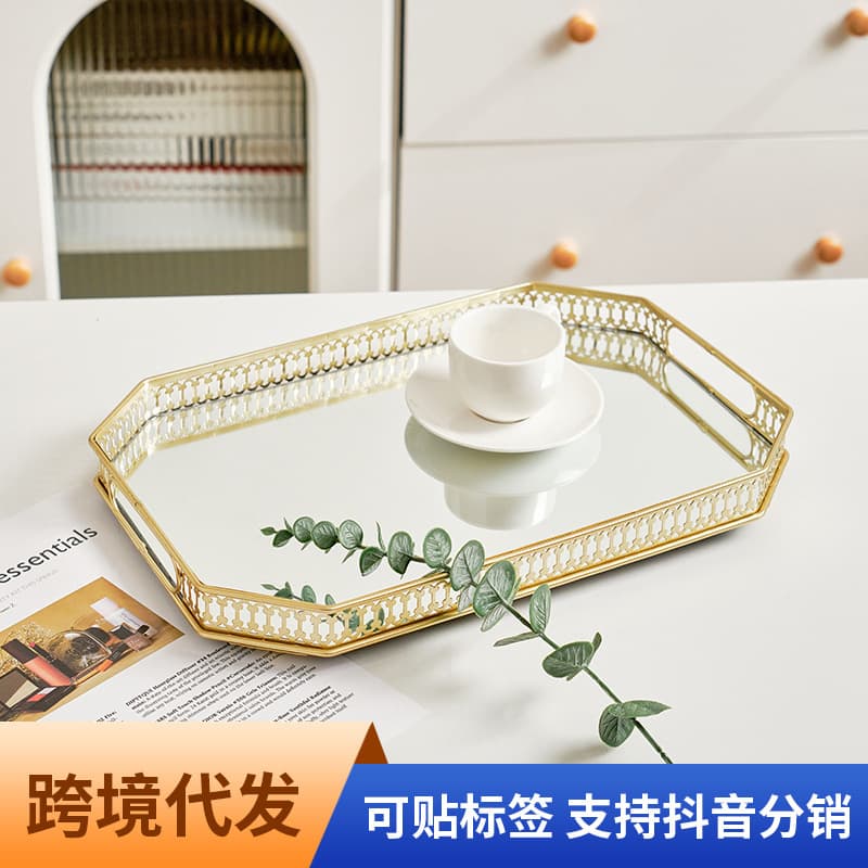 European Style Mirror Glass Gold Storage Tray for Living Room Coffee Table, Luxury Rectangular Tea Cup Plate