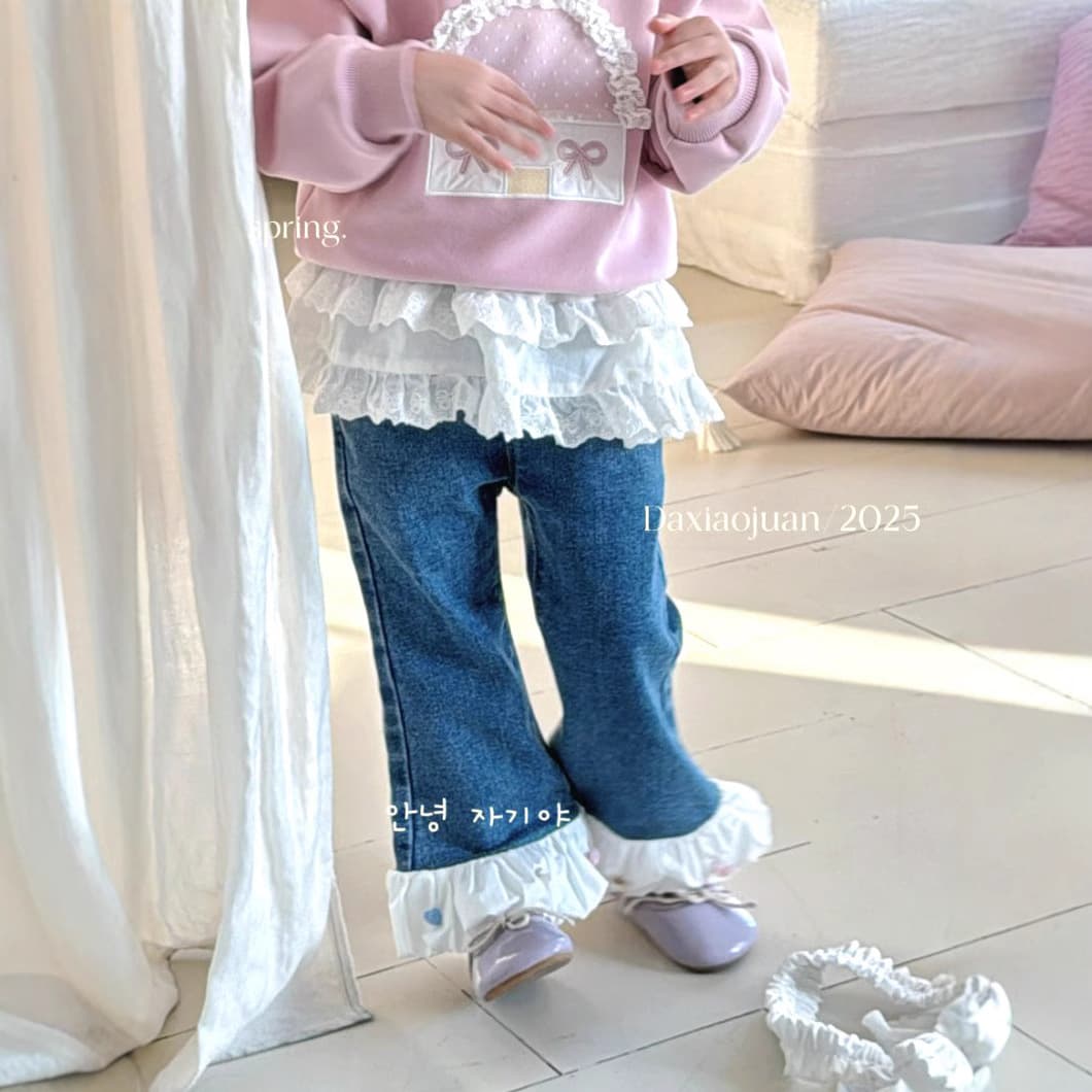 Size Roll 2025 New Style Jeans for Girls Spring/Autumn Solid Color Versatile Blue Denim Long Pants with Lace Trim