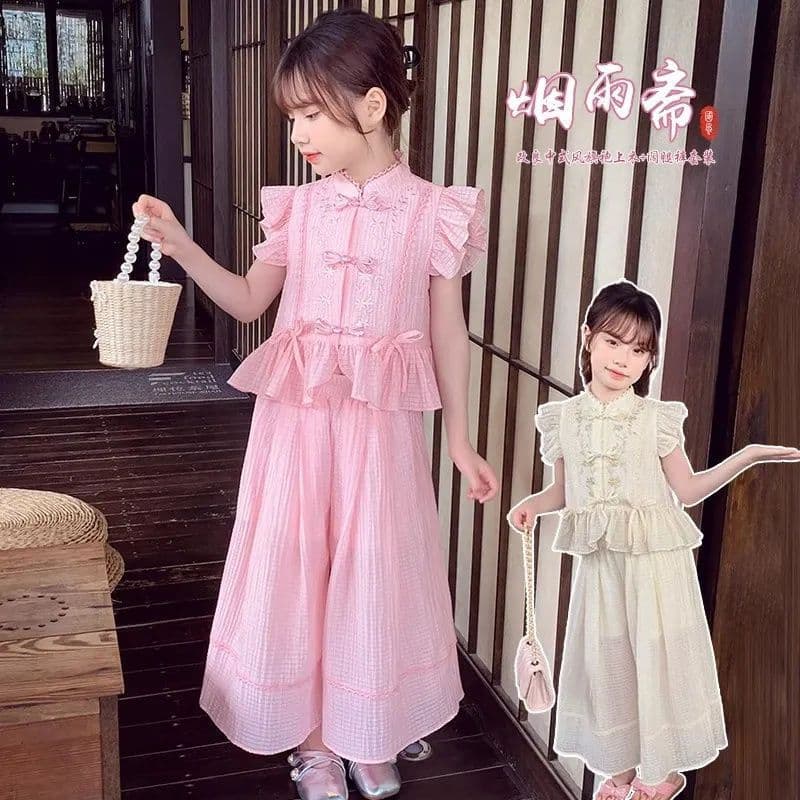 2026 New Chinese Style Girls Summer Wide Leg Pants Set New National Style Little Girls Casual Western Style Children's Two-piece Set