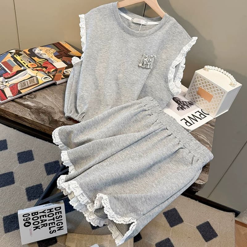 Lace Trim Sportswear Style Fashion Set for Women, Summer New Petite Shorts Two-Piece Set
