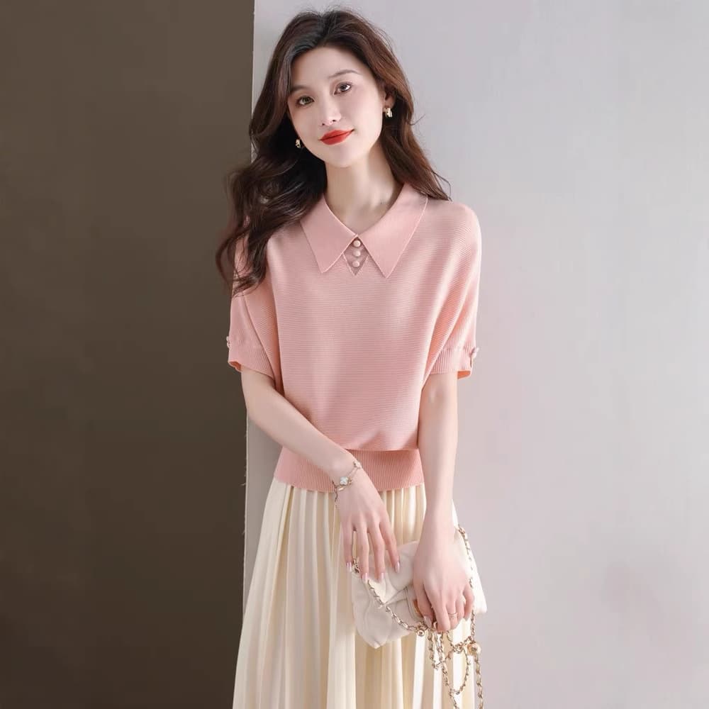 Lapel short-sleeved T-shirt for women in summer, young mother, thin ice silk sweater, age-reducing polo collar top
