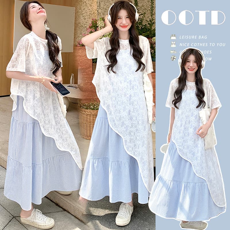 In Stock Maternity Summer Plaid Dress Loose Short Sleeve Cover Two Piece Set Plus Size Dress Set