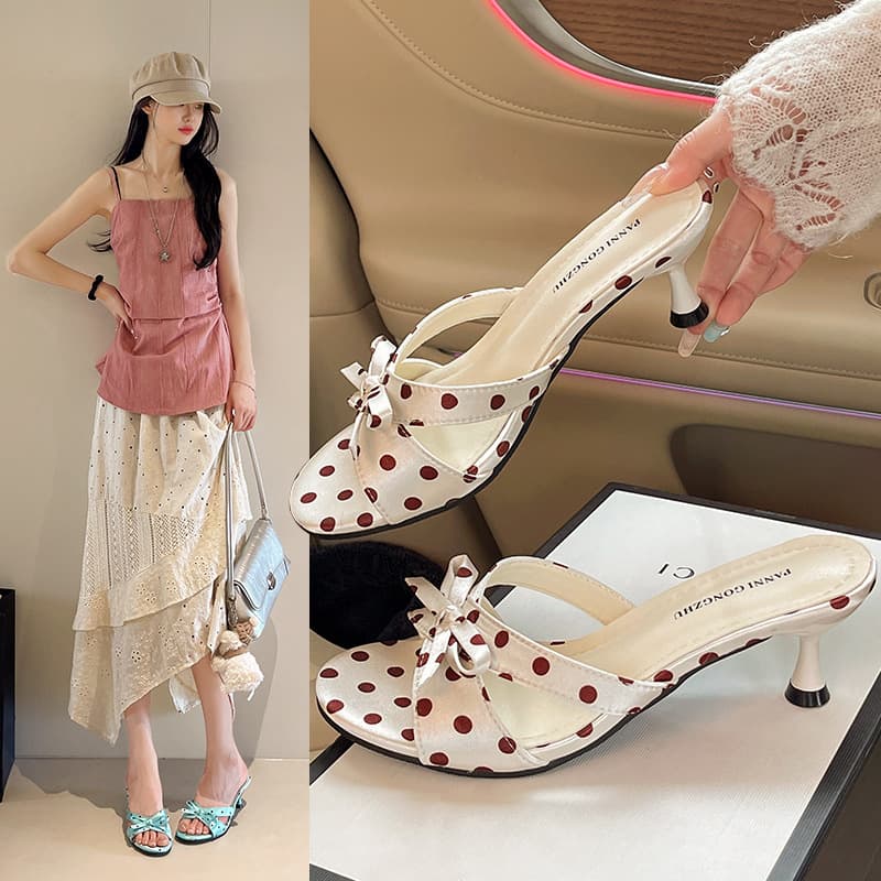 2026 Ultra-Soft French Exquisite High Heels Sexy Sandals for Women Outdoor Butterfly Bow Polka Dot One-Strap Slippers
