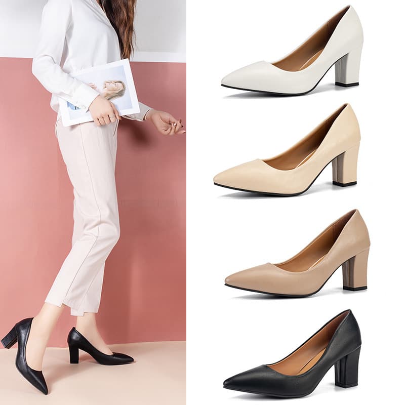 Women's Fashion Flats with Thick Heels 2021 Autumn New Pointed Toe Work Shoes Shallow Mouth Slip-On Korean Style High Heels Simple