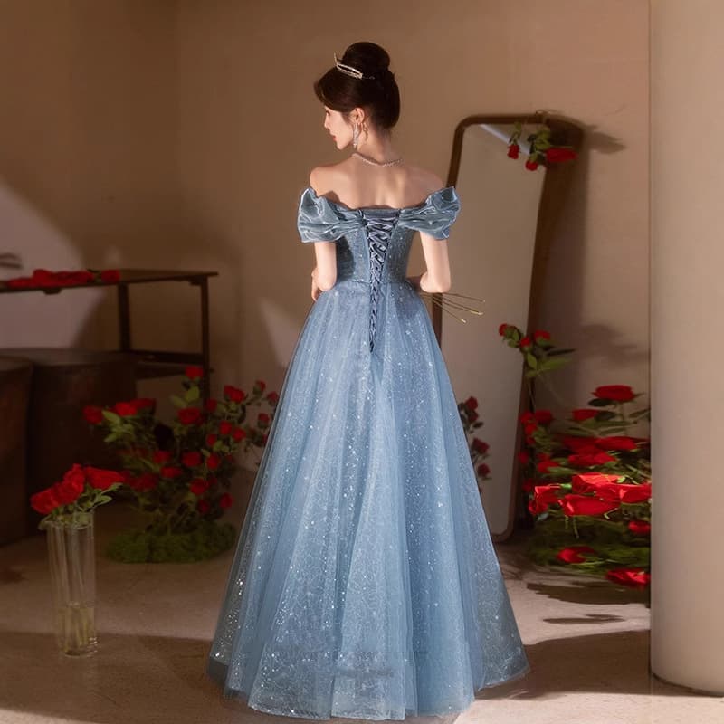 Off-Shoulder Blue Evening Gown 2026 New Collection High-End Luxurious Minimalist Hostess Annual Party Dress for Women