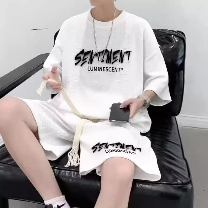 Waffle Set for Boys Summer Teen Casual Sportswear with Stylish Shorts Men's Short Sleeve Two-Piece Set Trendy