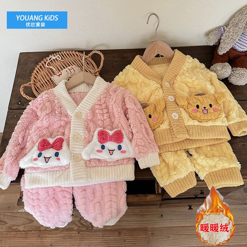 Children's Flannel Pajamas Cartoon Baby Fleece-Lined Thermal Underwear Winter Toddler Button-Front Homewear Set