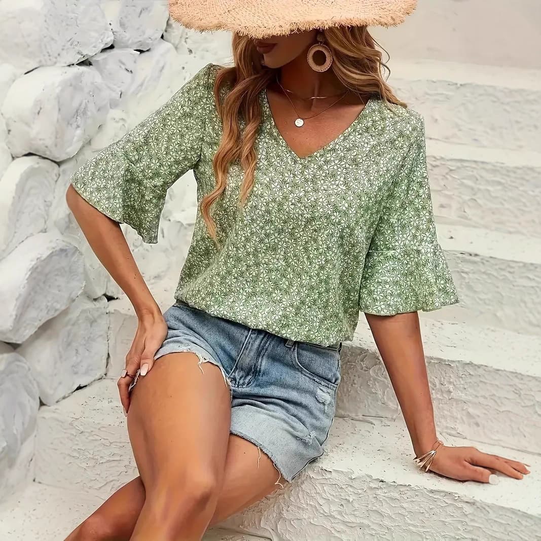 Women's Blouse Fall Shirts Autumn Ruff 3 4 Sleeve Tops V