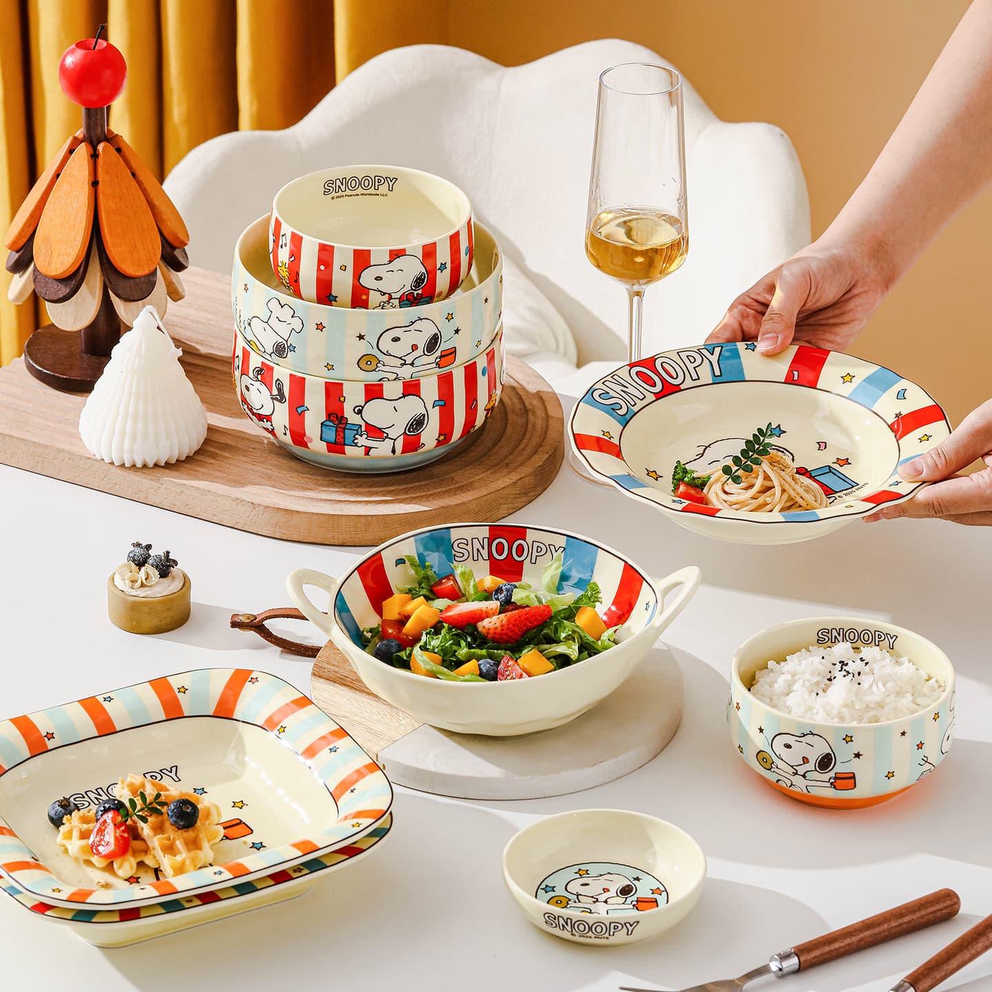 Snoopy Colorful Home Ceramic Kids Salad Plate, Breakfast Plate, Creative Noodle Bowl, Soup Bowl, Spoon, Chopsticks Tableware Set