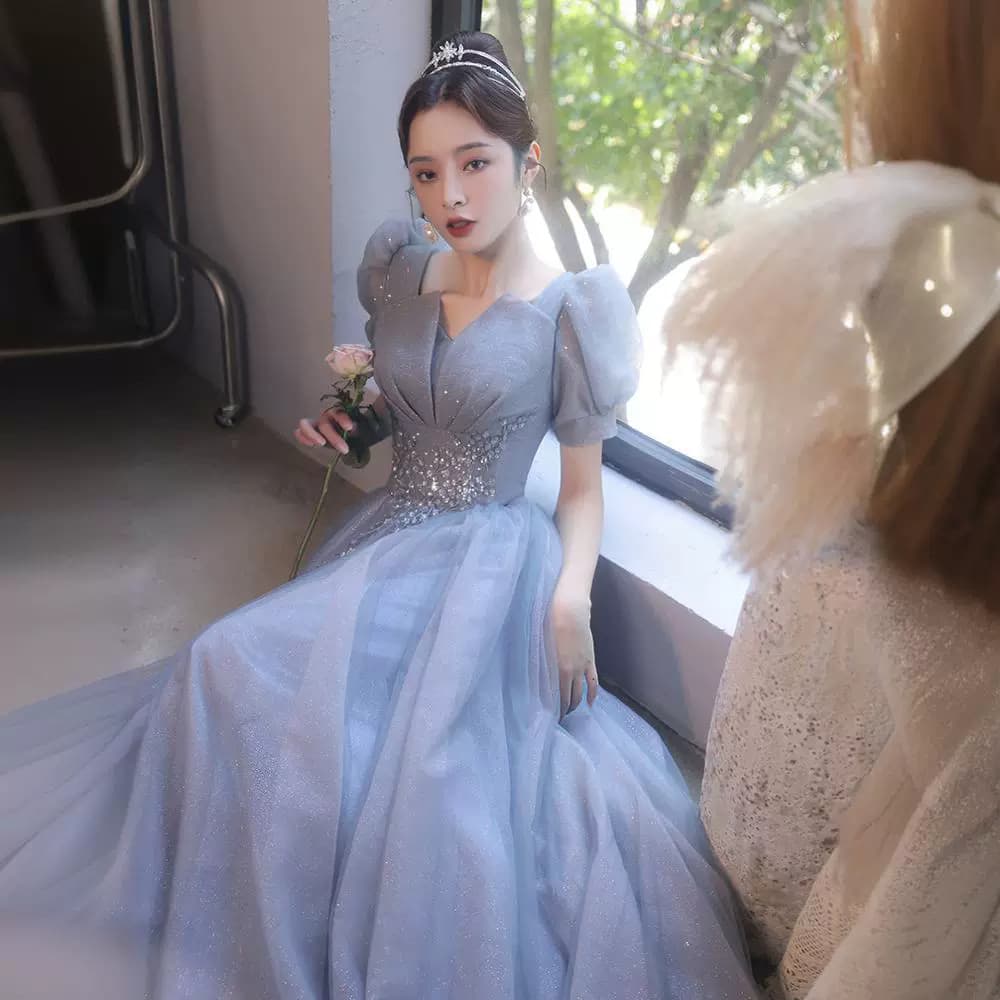 Blue 2026 New Year Gala Evening Dress for Women, Fairy-Tone Vocal Art Exam Hostess Dress, Elegant Summer