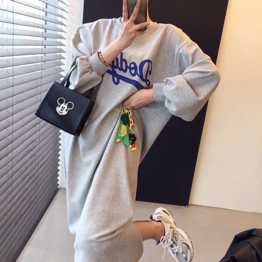 Letter Print Fleece-Lined Thick Pocket Hoodie Dress, Women's Autumn/Winter Loose Lazy Style Knee-Length Straight Cut Dress