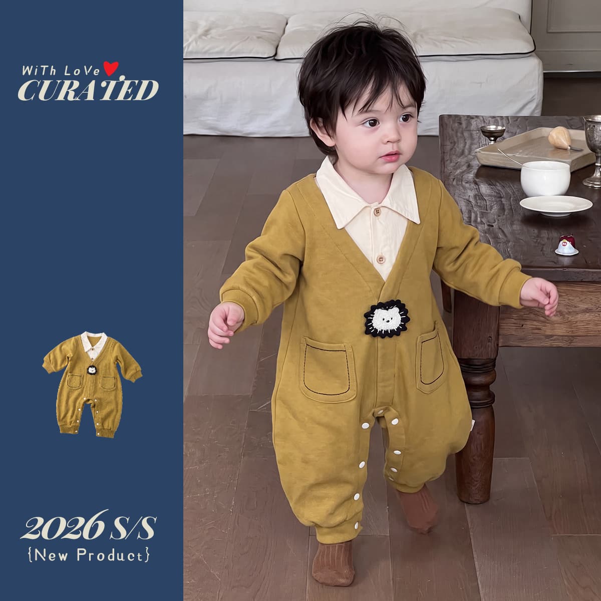 Korean Style Newborn Baby Clothes Autumn Boys Cartoon Long Sleeve Faux Two-Piece Bodysuit Toddler Boys Outdoor Romper