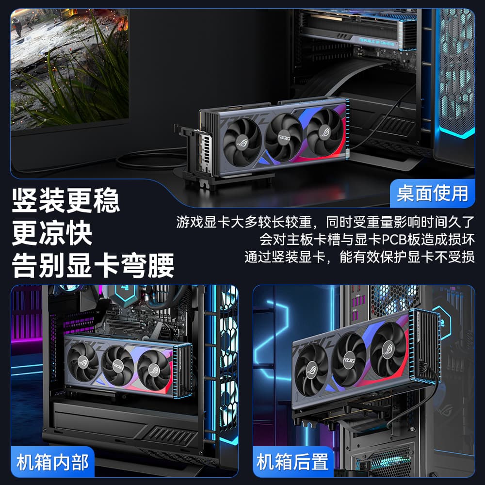 PCI-E 5.0 GPU Riser Cable External Vertical GPU Mount Magnetic Bracket PCI-Ex16 Wide Compatibility Case