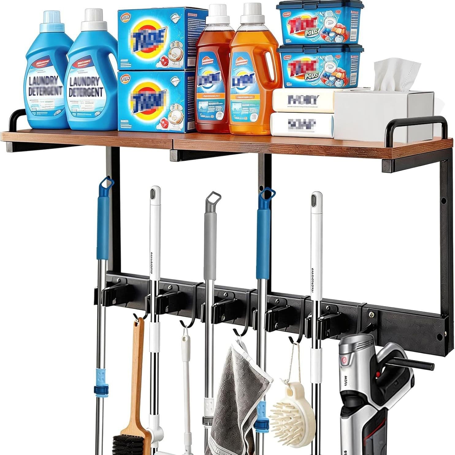 Broom Holder Wall Mount with Cleaning Supplies Organizer Shelf