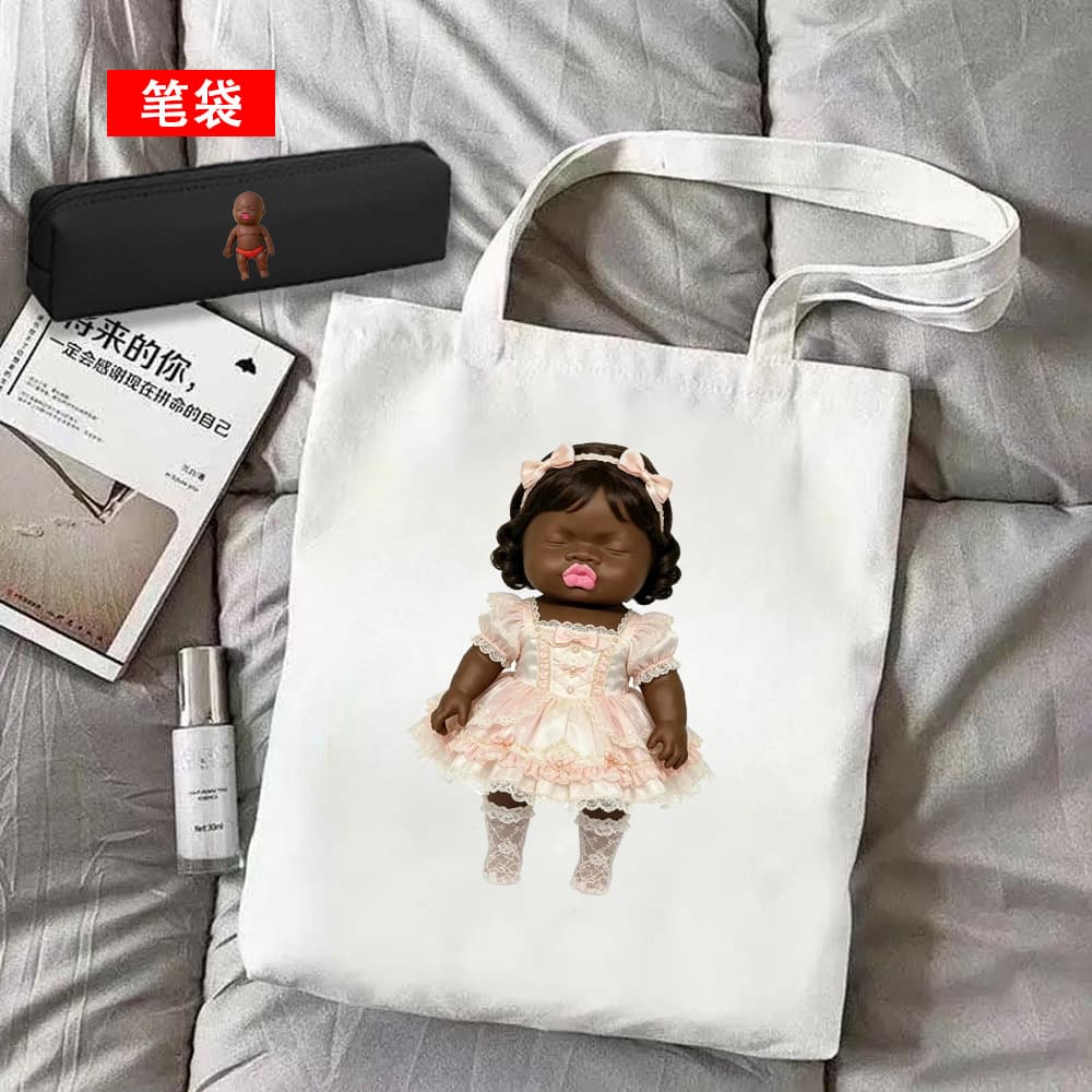 Natasha Black Doll Emoji Bag Tote Bag for Primary and Secondary School Students Large Capacity Textbook Cartoon Canvas Bag Trendy