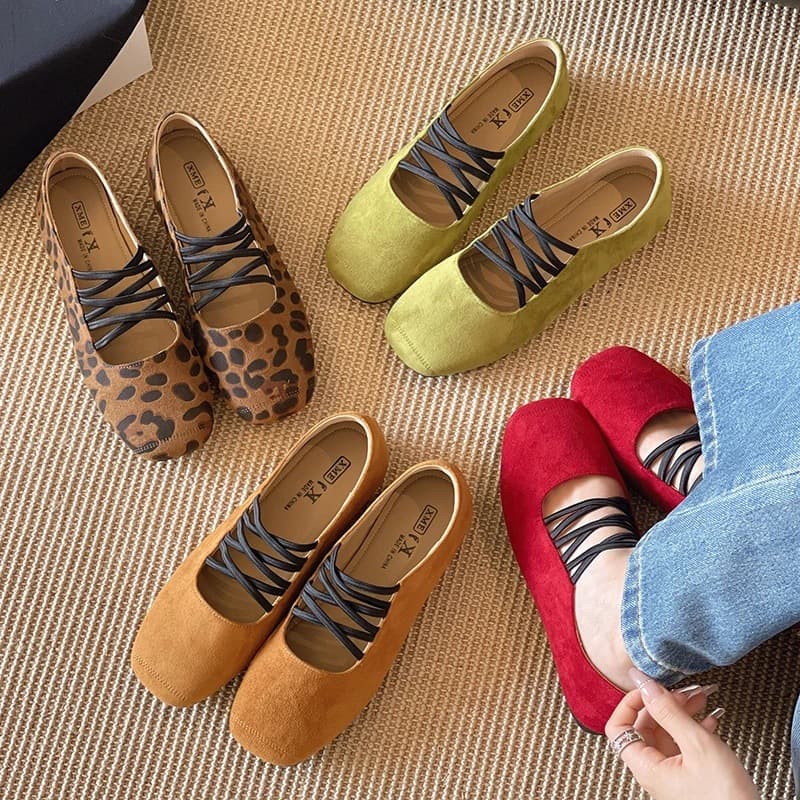 French Vintage Shallow Mouth Flats 2026 Autumn New Style Ballet Flats with Ties for Dresses Leopard Print Mary Jane Shoes