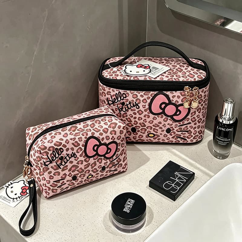 Leopard print kitty cosmetic bag for girls large capacity portable toiletry bag travel outing skin care product storage bag