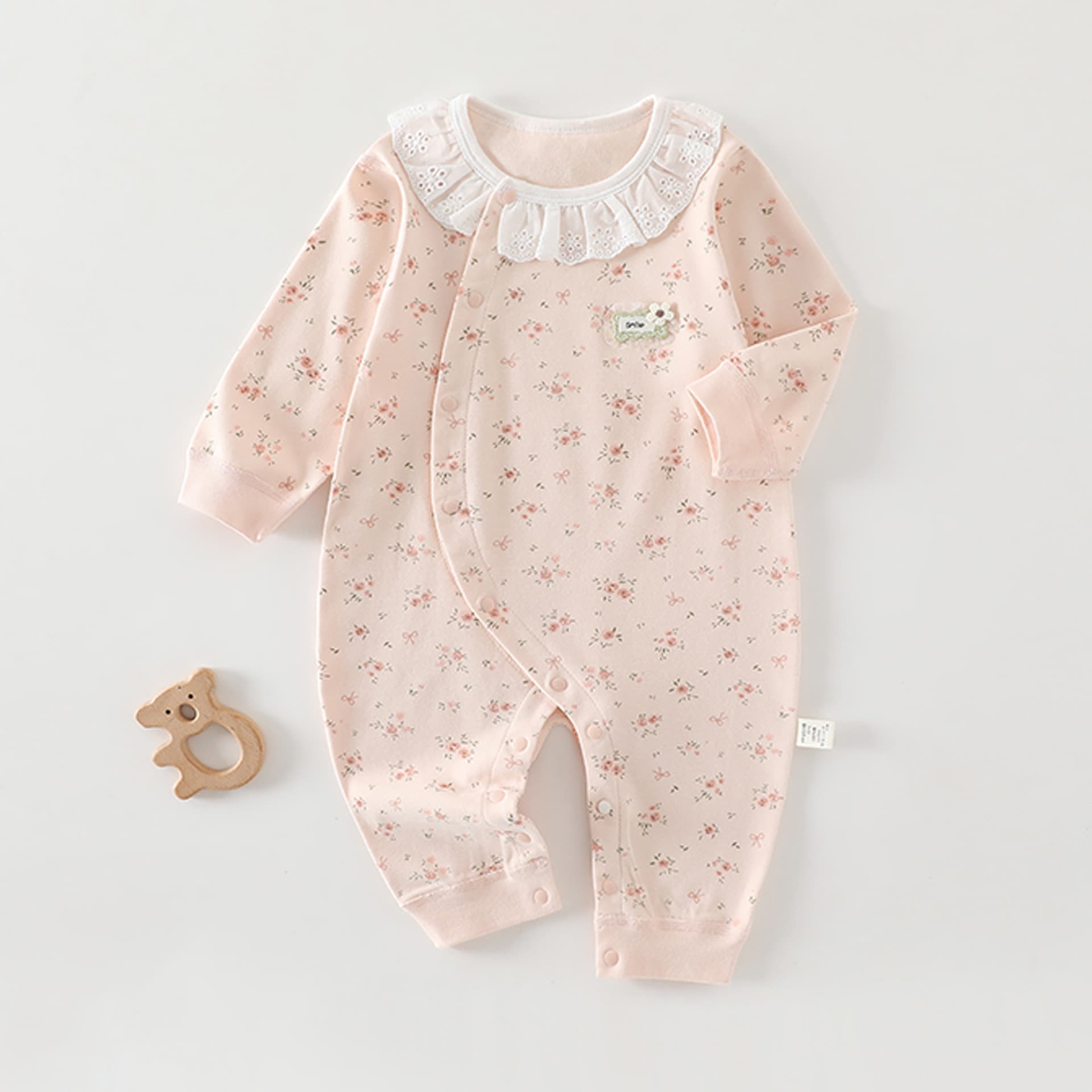 Newborn Pure Cotton Long Sleeve Romper Class A Seamless Baby Girl Lace Bodysuit, Infant Full Moon and 100-Day Outfit