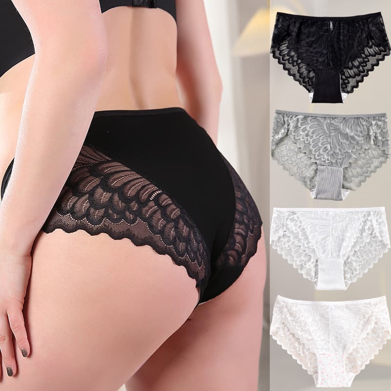 Plus Size Women's Lace Panties, Cotton Crotch Mid-Waist Hipster Briefs, Curve-Hugging Triangle Panties, Cross-Border Bestseller