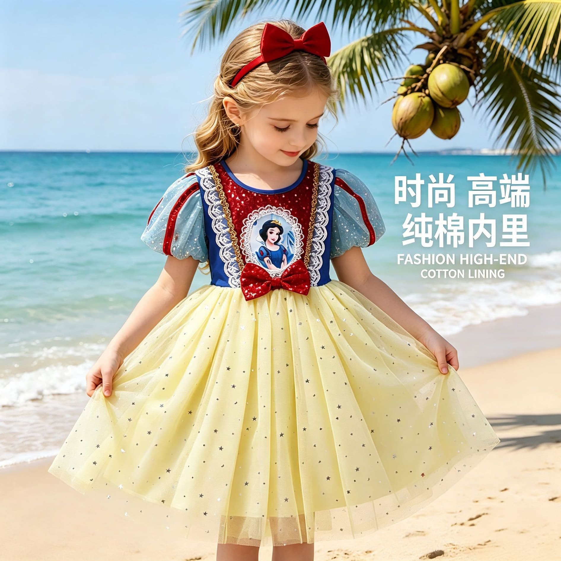 Princess Style Cotton Summer Dress for Little Girls Snow White Cartoon Print Tulle Skirt Available in Stock Ages 3-8 Years
