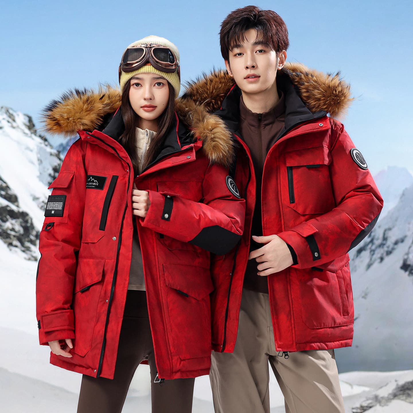 Hot-Selling Down Jacket Unisex Mid-Length Couple Outdoor Workwear Large Fur Collar Thickened Northeast Extreme Cold Coat Chinese Red