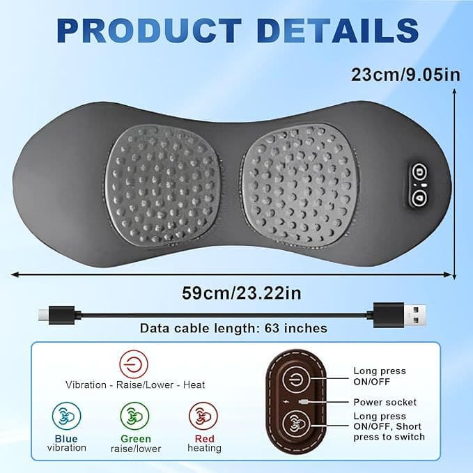3-in-1 Electric Lumbar Support Pillow Adjustable Height Vibration with Heat Back Massager for Back Pain Relief