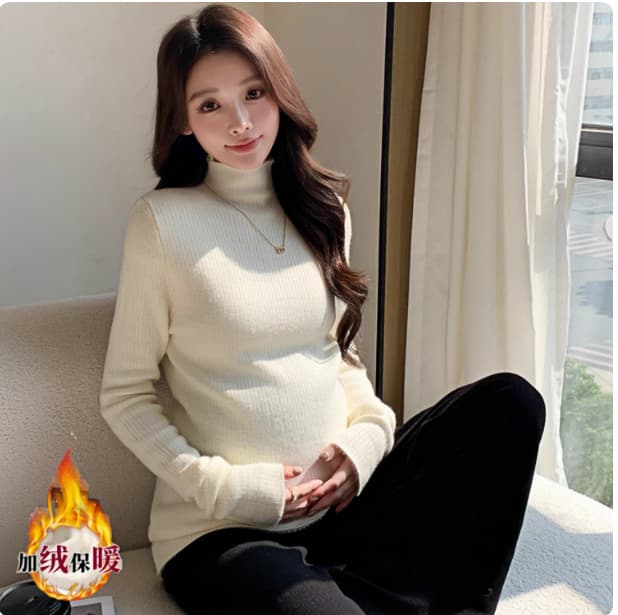 Maternity Wear ~ High Neck Fleece-Lined Thickened Pregnant Women Top Knit Sweater Autumn Winter Warm Base Layer Inner Wear