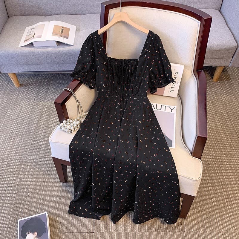 Transforming Style Plus Size Women's French Retro Square Neck Floral Dress 2024 New Summer High-End Style