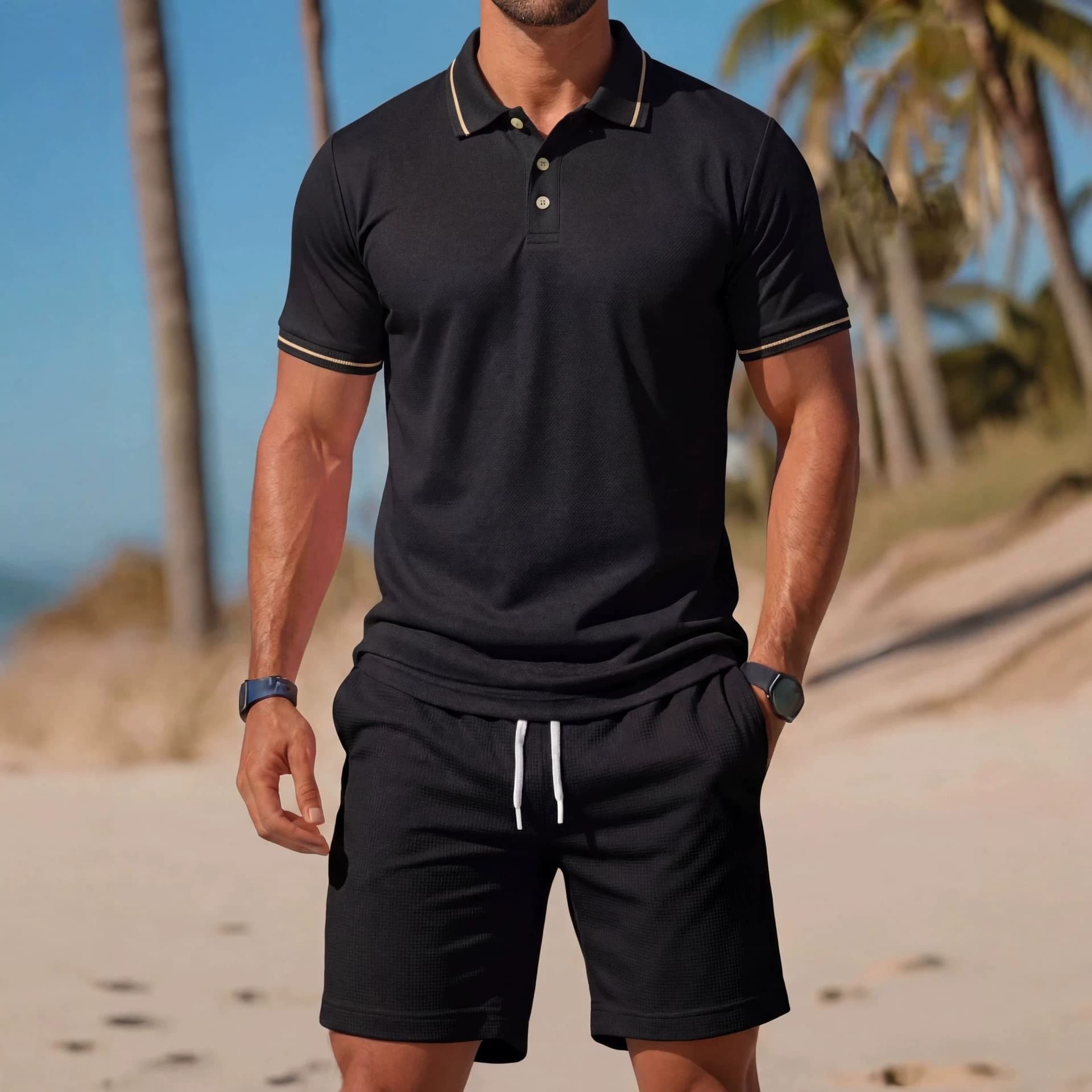Summer Ice Silk Quick-Dry Men's Polo Shirt Set: Turn-Down Collar Short Sleeve Shorts Casual Sport Two-Piece Set Wholesale